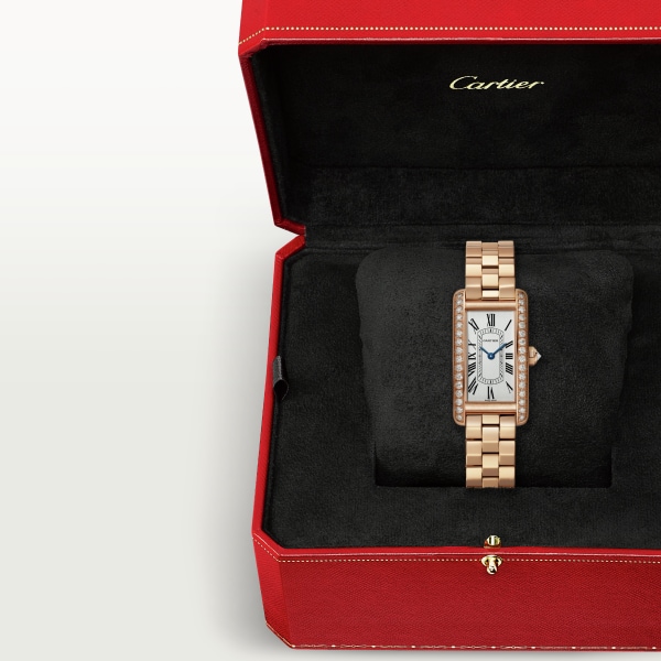 Tank Américaine watch Small model, quartz movement, rose gold, diamonds