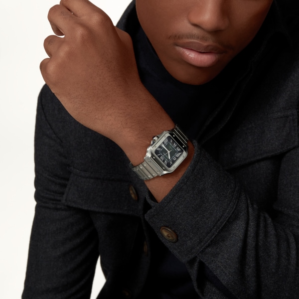 Santos de Cartier watch Medium model, automatic movement, steel, interchangeable metal and leather bracelets